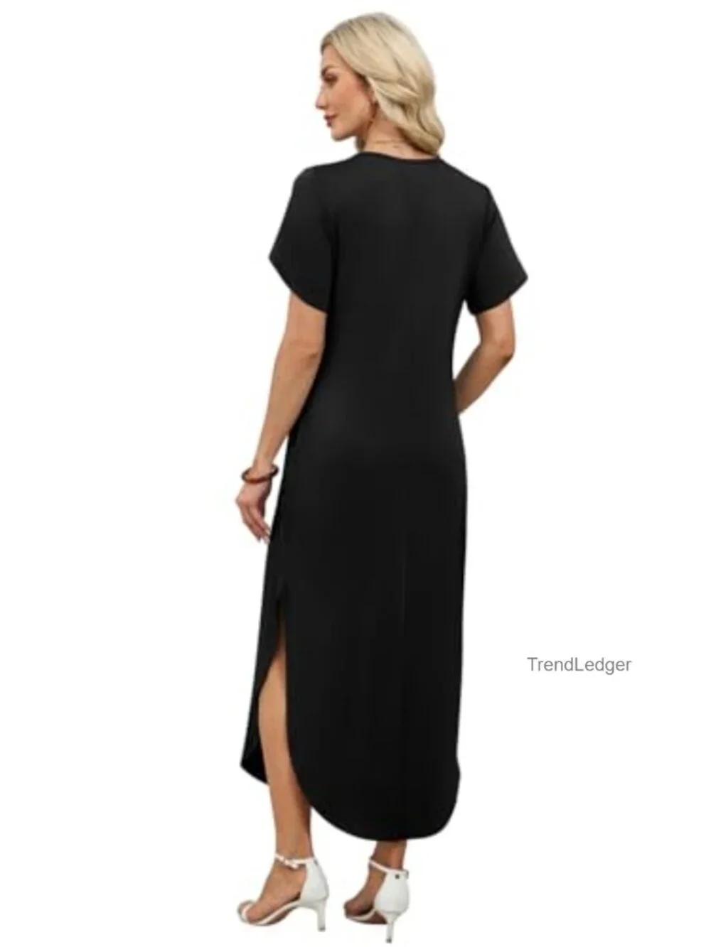 Short Sleeve Maxi Dress with Pockets Side Slit V Neck Sundress Beach Dress